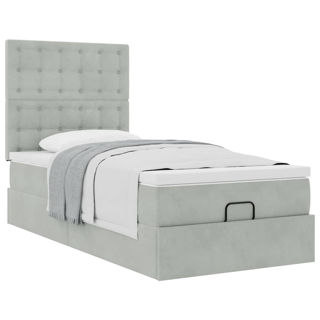 Ottoman bed with mattress light grey 90x200 cm velvet