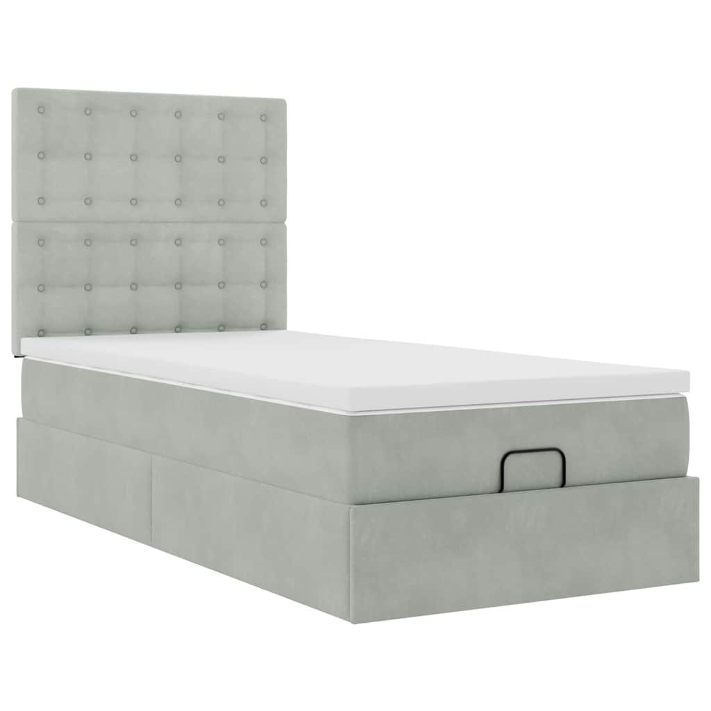 Ottoman bed with mattress light grey 90x200 cm velvet