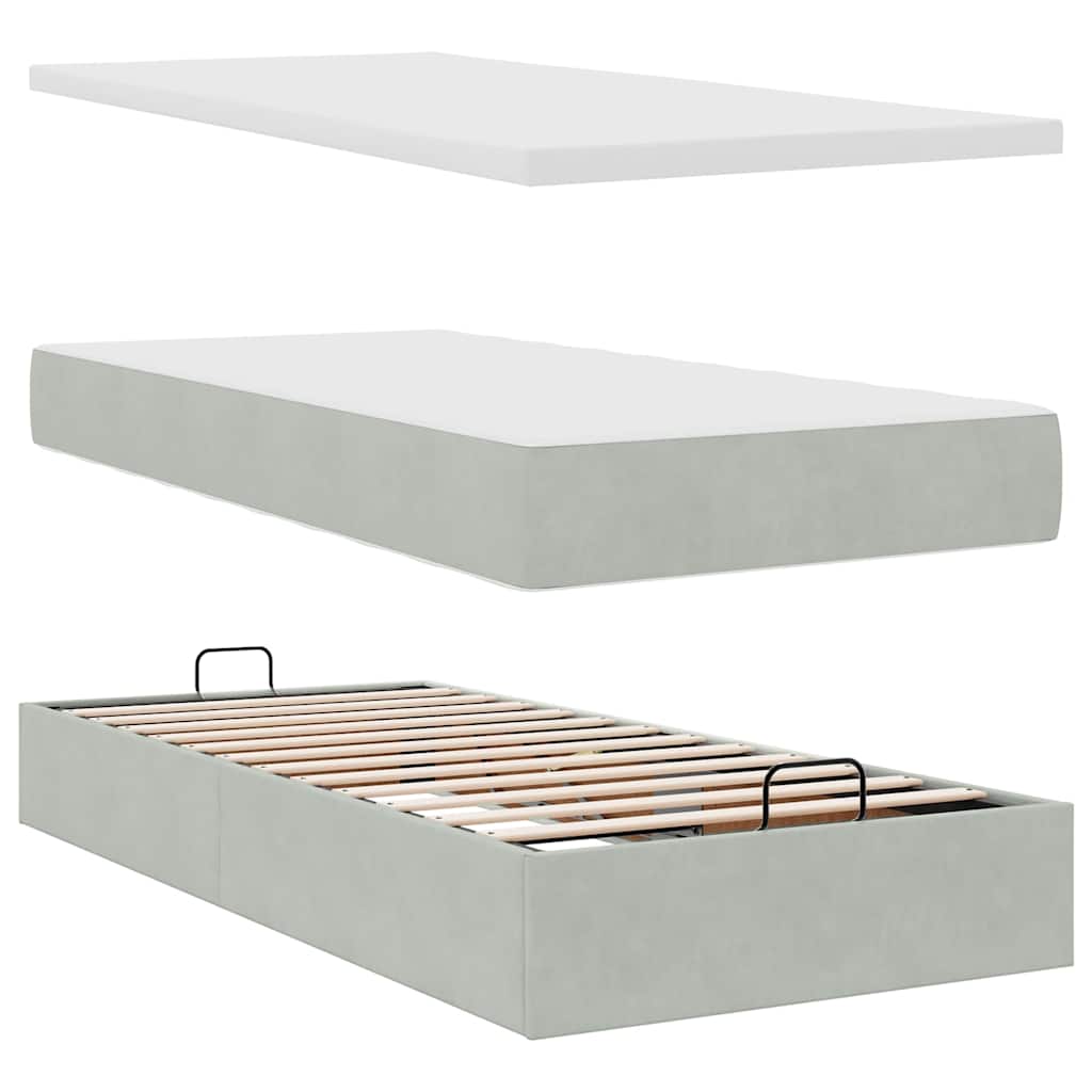 Ottoman bed with mattress light grey 90x200 cm velvet