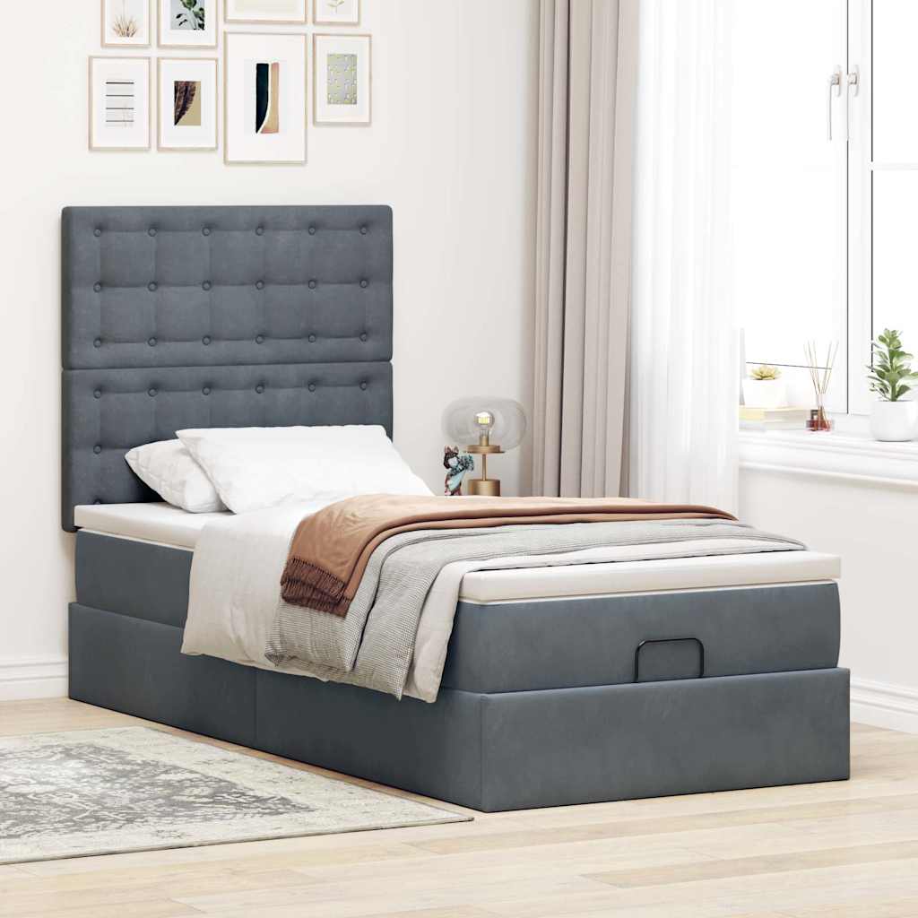 Lit ottoman avec matelas en velours gris foncé 90x200 cm