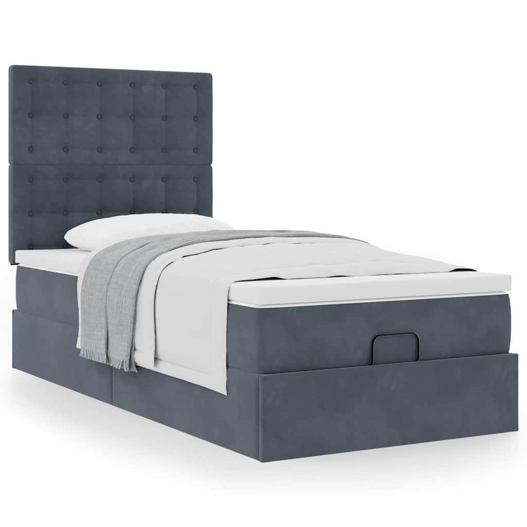 Lit ottoman avec matelas en velours gris foncé 90x200 cm