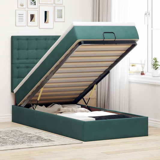Lit ottoman avec matelas en velours vert foncé 90x200 cm