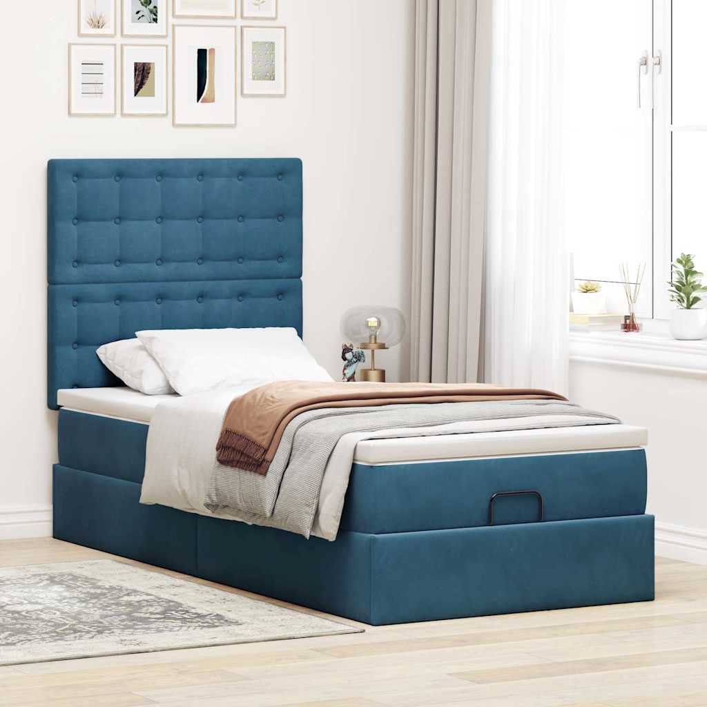 Lit ottoman avec matelas bleu foncé 90x200 cm velours