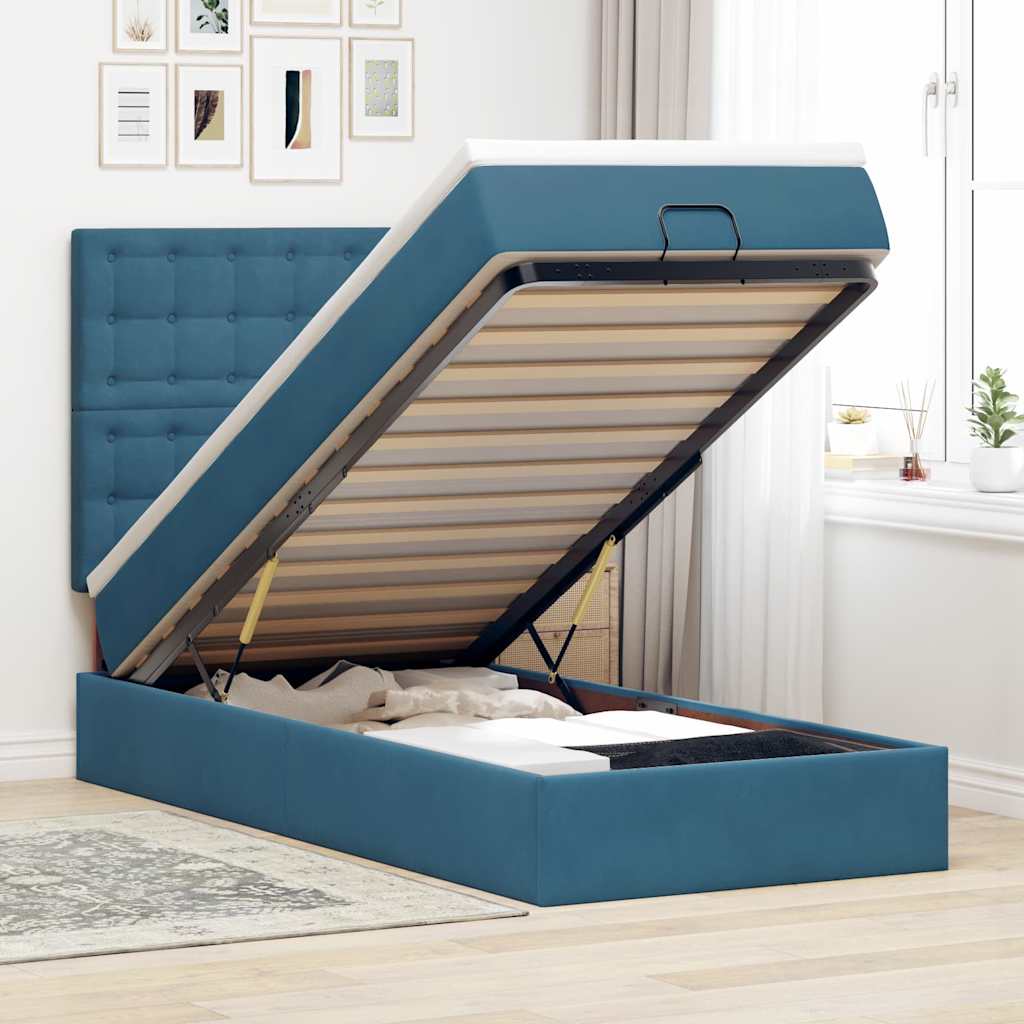Lit ottoman avec matelas bleu foncé 90x200 cm velours