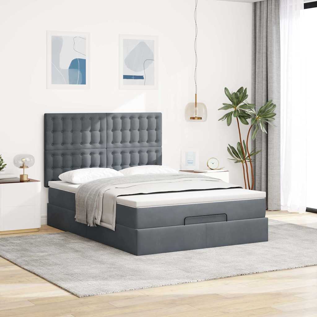 Lit ottoman avec matelas en velours gris foncé 140x200 cm