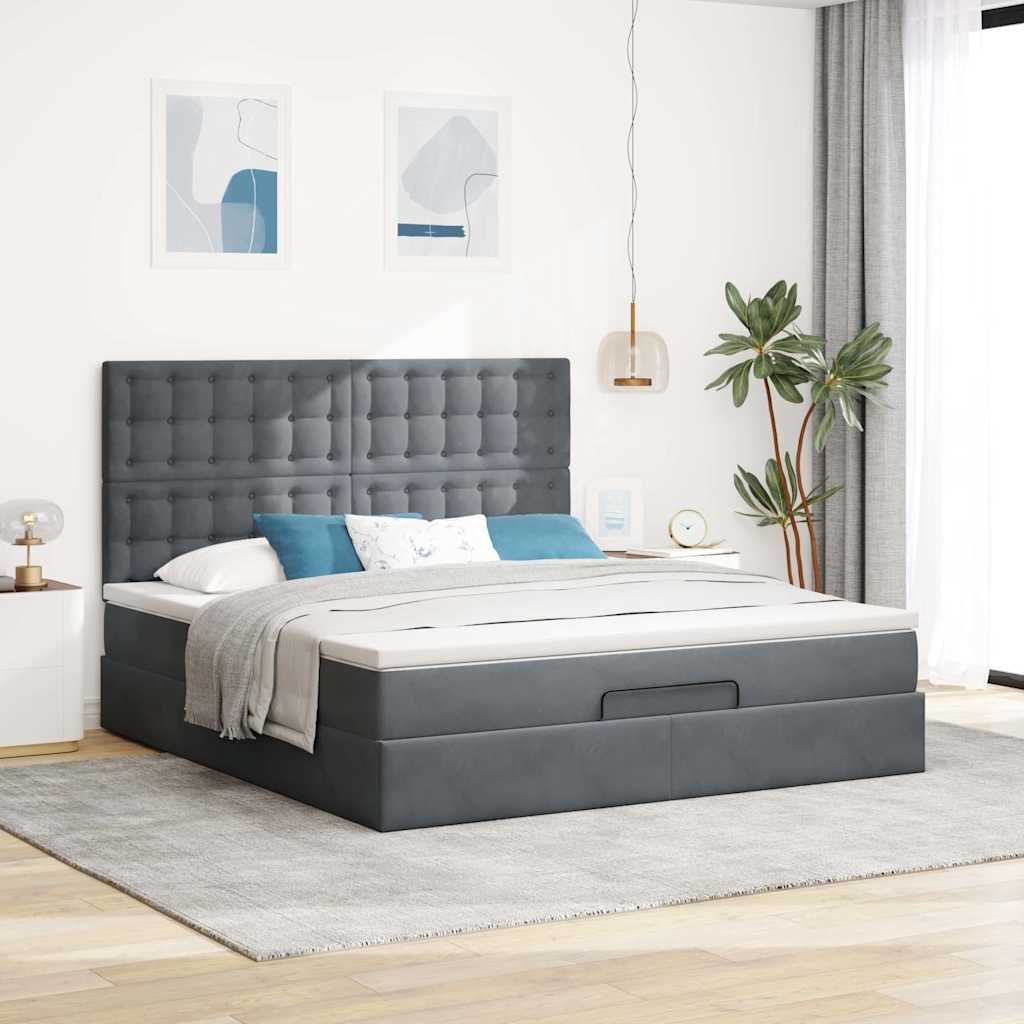 Lit ottoman avec matelas en velours gris foncé 180x200 cm