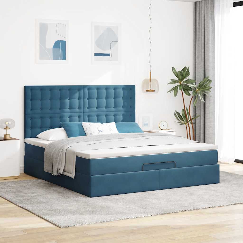 Lit ottoman avec matelas bleu foncé 180x200 cm velours