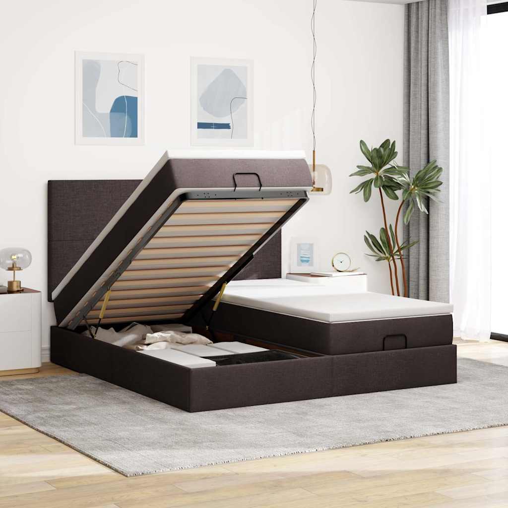 Lit ottoman avec matelas en tissu marron foncé 200x200 cm