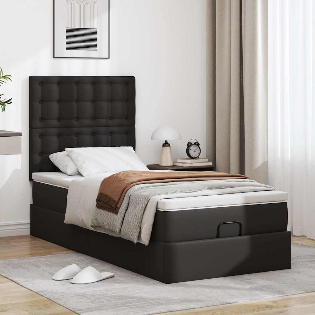 Ottoman-Bett mit Matratze & LEDs Schwarz 90x190 cm Kunstleder