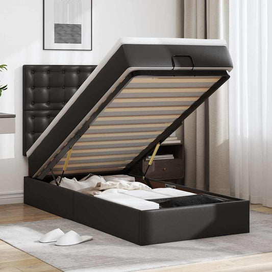 Ottoman-Bett mit Matratze & LEDs Schwarz 90x190 cm Kunstleder