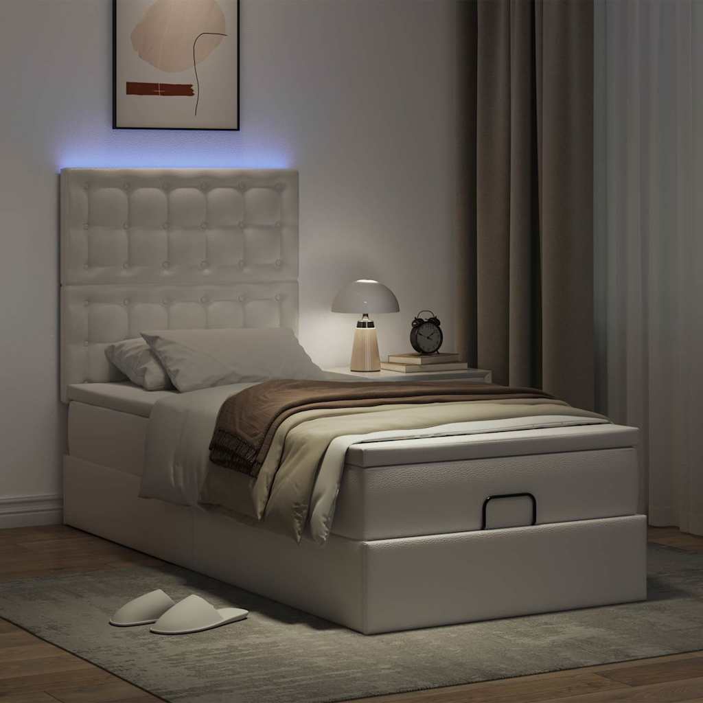 Ottoman-Bett mit Matratze & LEDs Weiß 90x200 cm Kunstleder