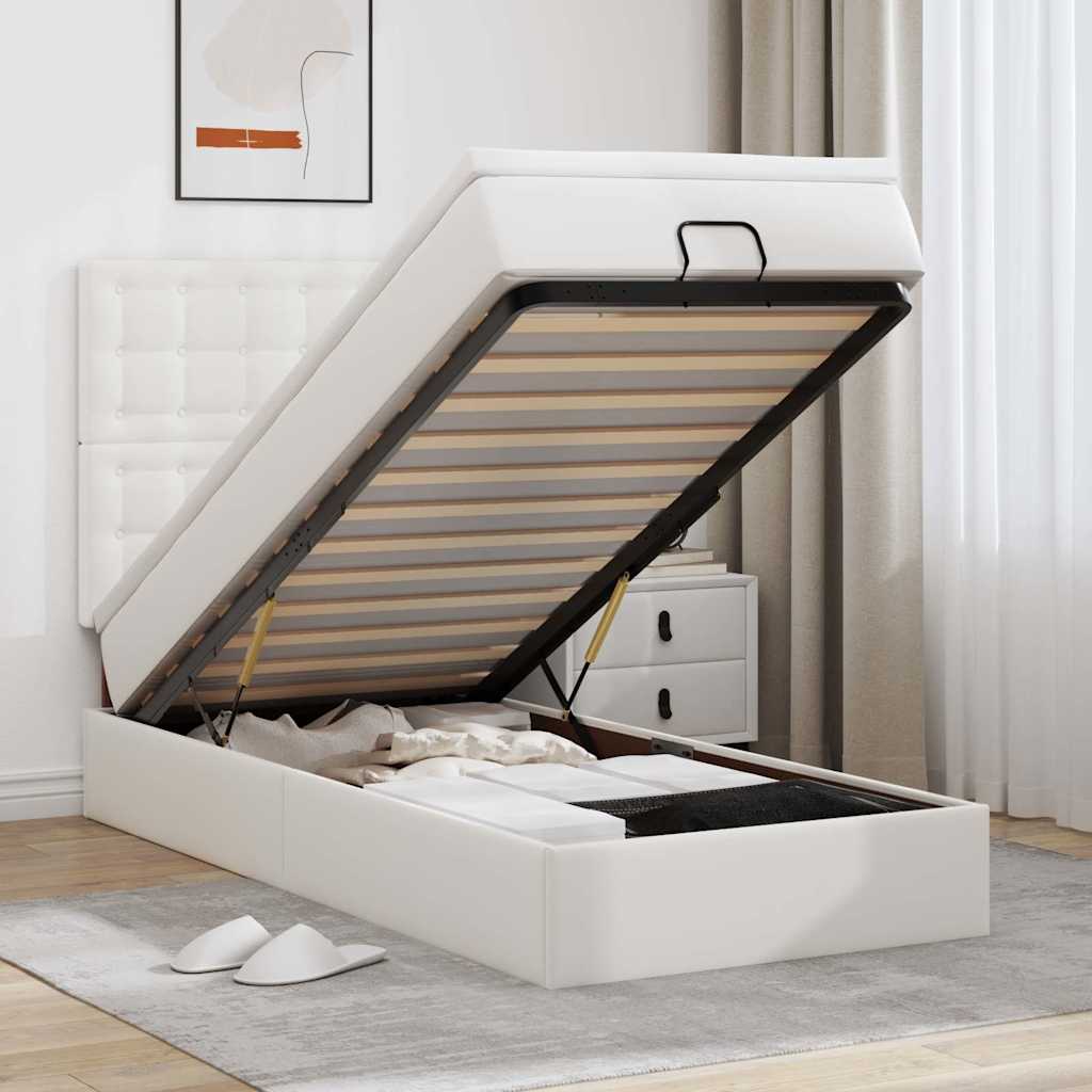 Ottoman-Bett mit Matratze & LEDs Weiß 90x200 cm Kunstleder