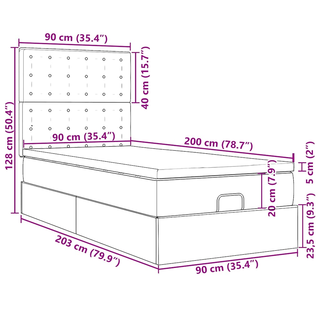 Ottoman-Bett mit Matratze & LEDs Grau 90x200 cm Kunstleder