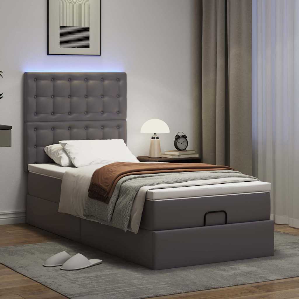 Ottoman-Bett mit Matratze & LEDs Grau 90x200 cm Kunstleder