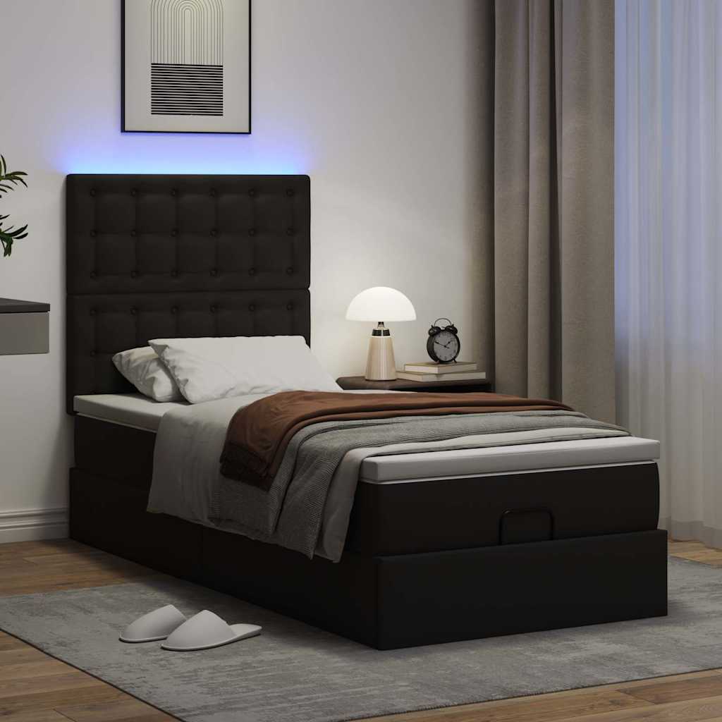 Ottoman-Bett mit Matratze & LEDs Schwarz 100x200 cm Kunstleder