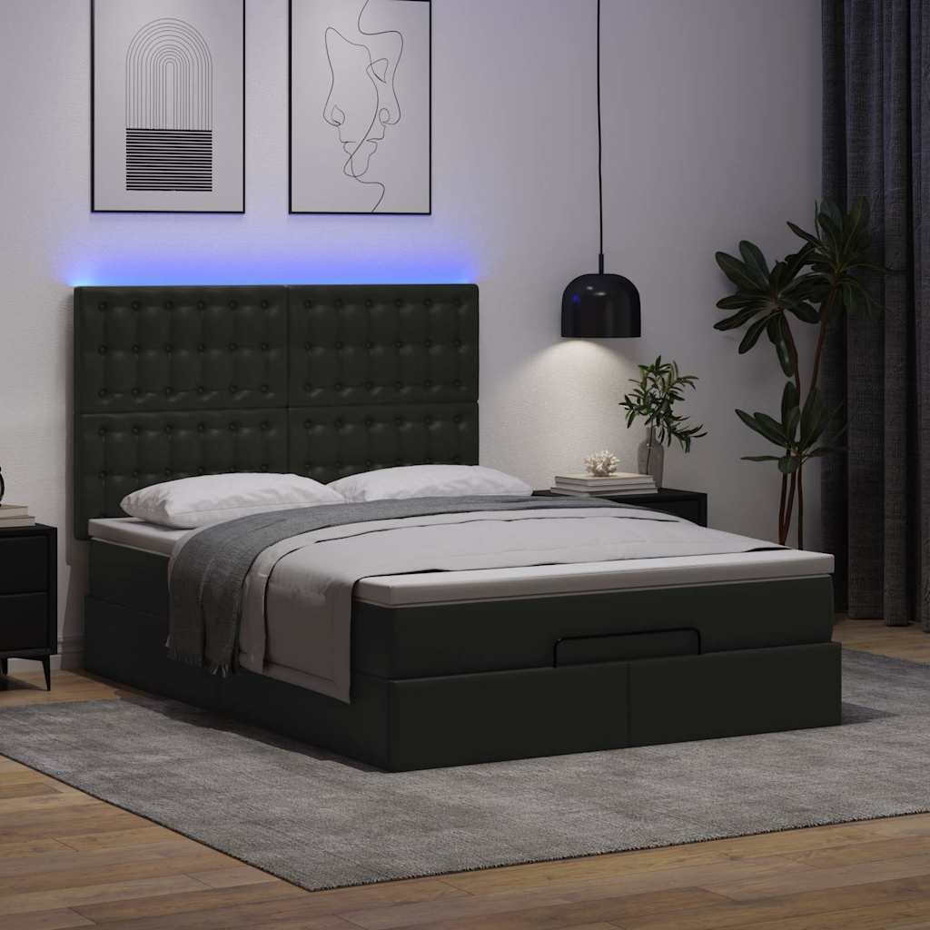 Ottoman-Bett mit Matratze & LEDs Schwarz 140x190 cm Kunstleder