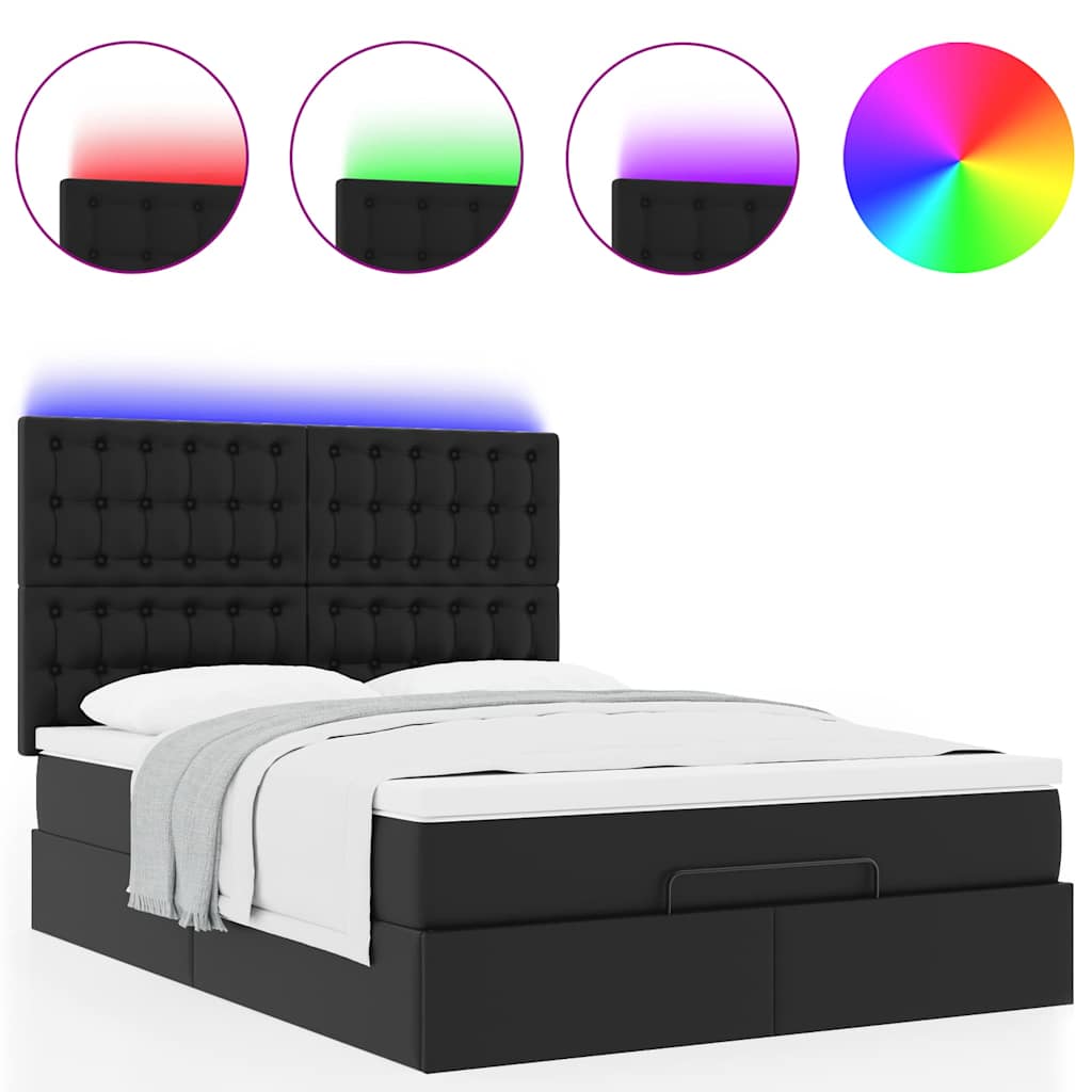 Ottoman-Bett mit Matratze & LEDs Schwarz 140x200 cm Kunstleder