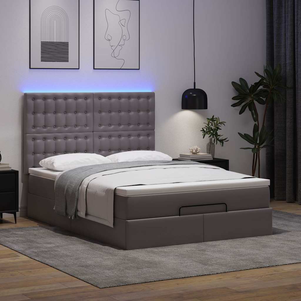 Lit ottoman avec matelas et LED gris 140x200 cm en similicuir