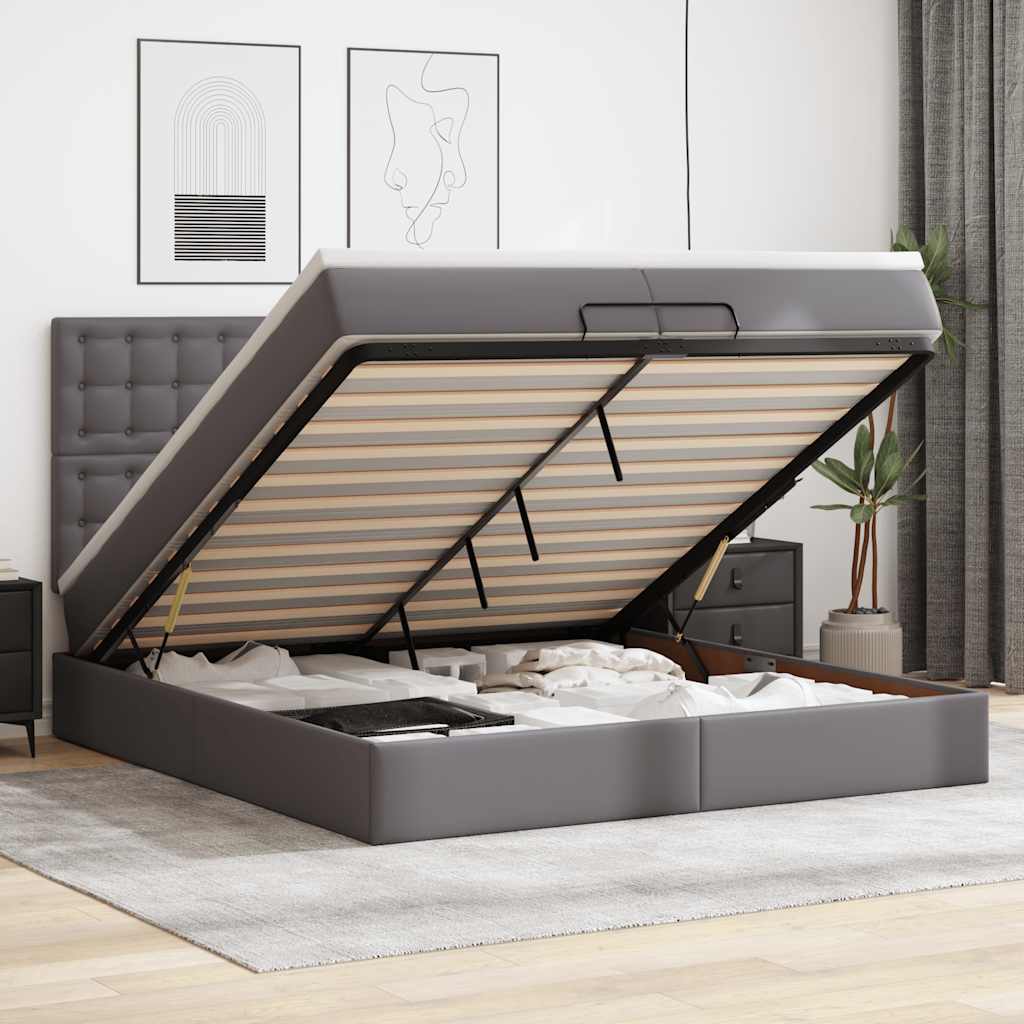 Ottoman-Bett mit Matratzen & LEDs Grau 200x200 cm Kunstleder