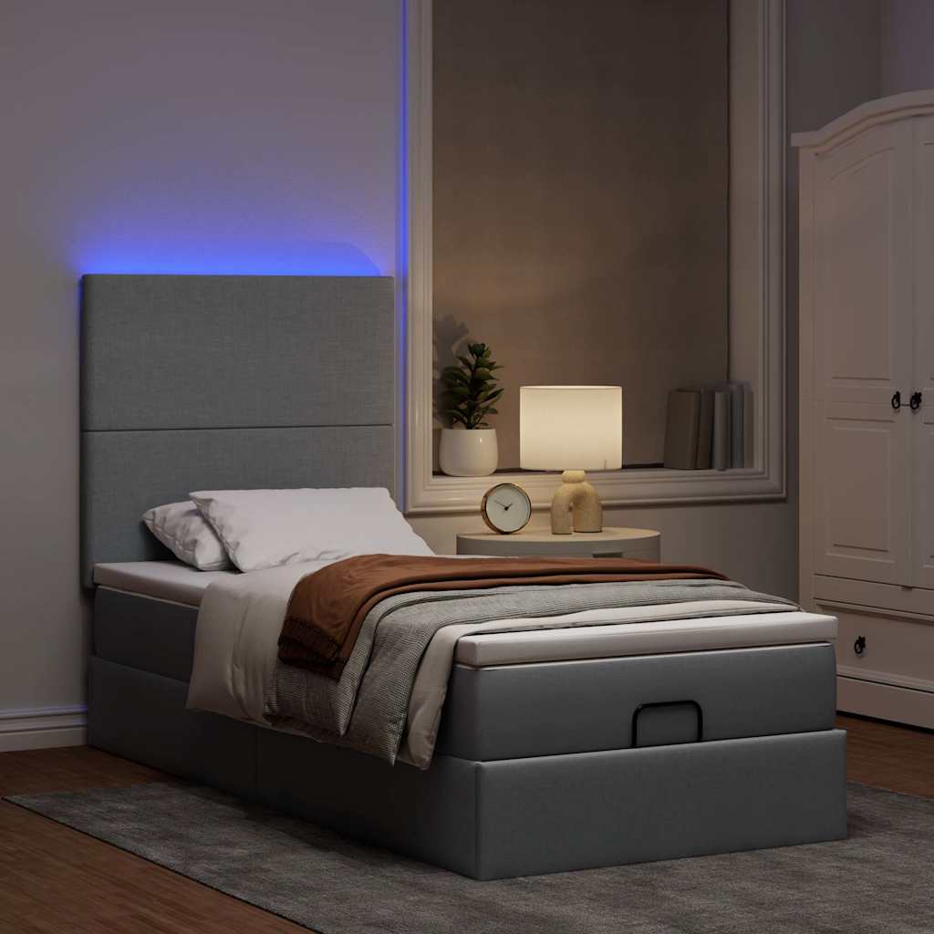 Ottoman-Bett mit Matratze & LEDs Hellgrau 90x190 cm Stoff