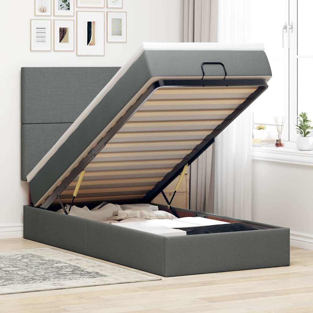 Ottoman-Bett mit Matratze & LEDs Dunkelgrau 90x190 cm Stoff
