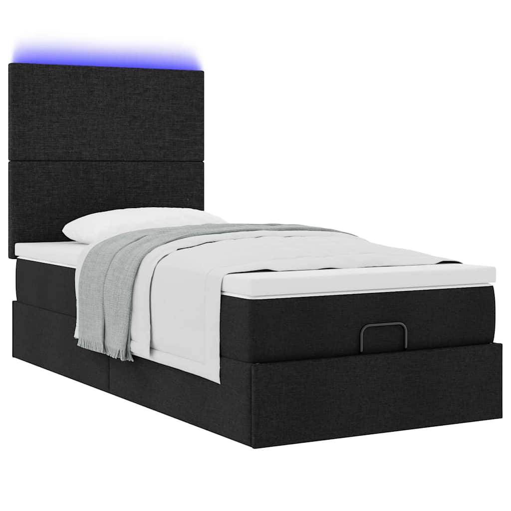 Ottoman-Bett mit Matratze & LEDs Schwarz 90x190 cm Stoff