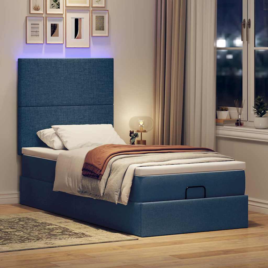 Ottoman-Bett mit Matratze & LEDs Blau 90x190 cm Stoff