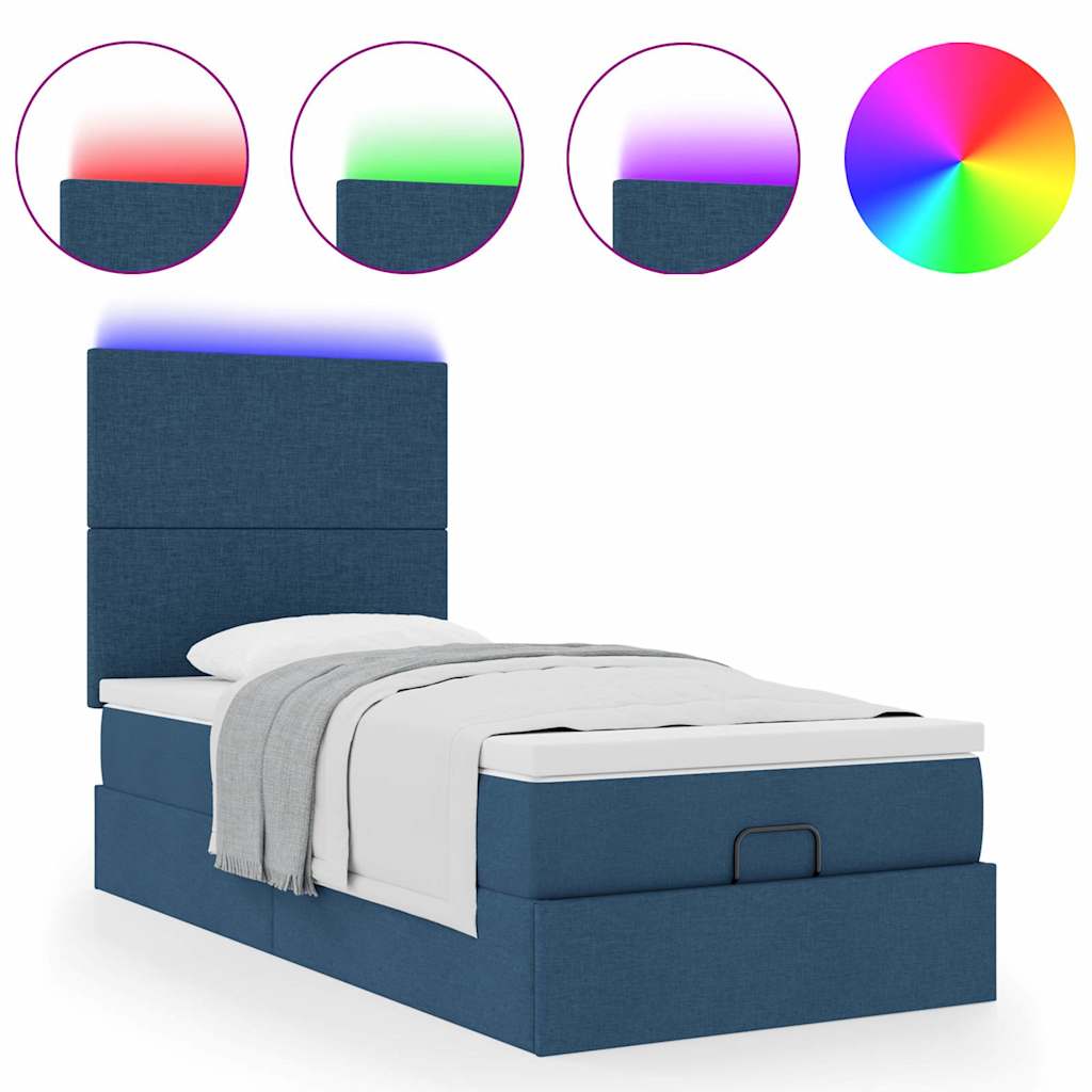 Ottoman-Bett mit Matratze & LEDs Blau 90x190 cm Stoff