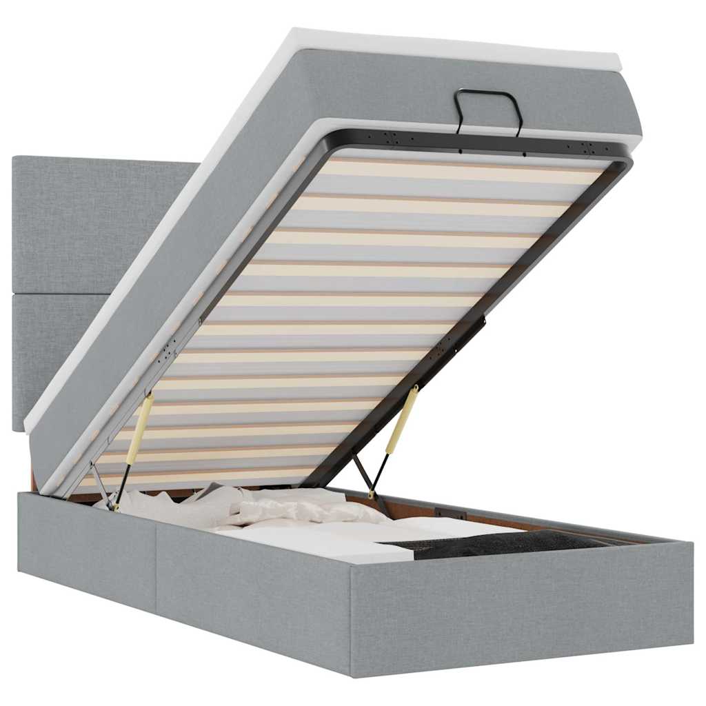 Ottomane Bett mit Matratze & LEDs Hellgrau 90x200 cm Stoff