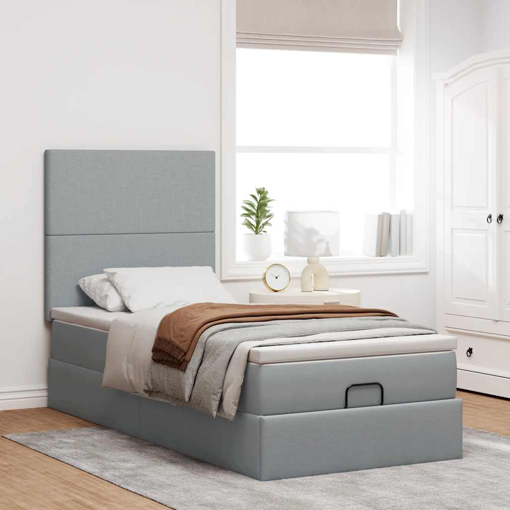 Ottomane Bett mit Matratze & LEDs Hellgrau 90x200 cm Stoff