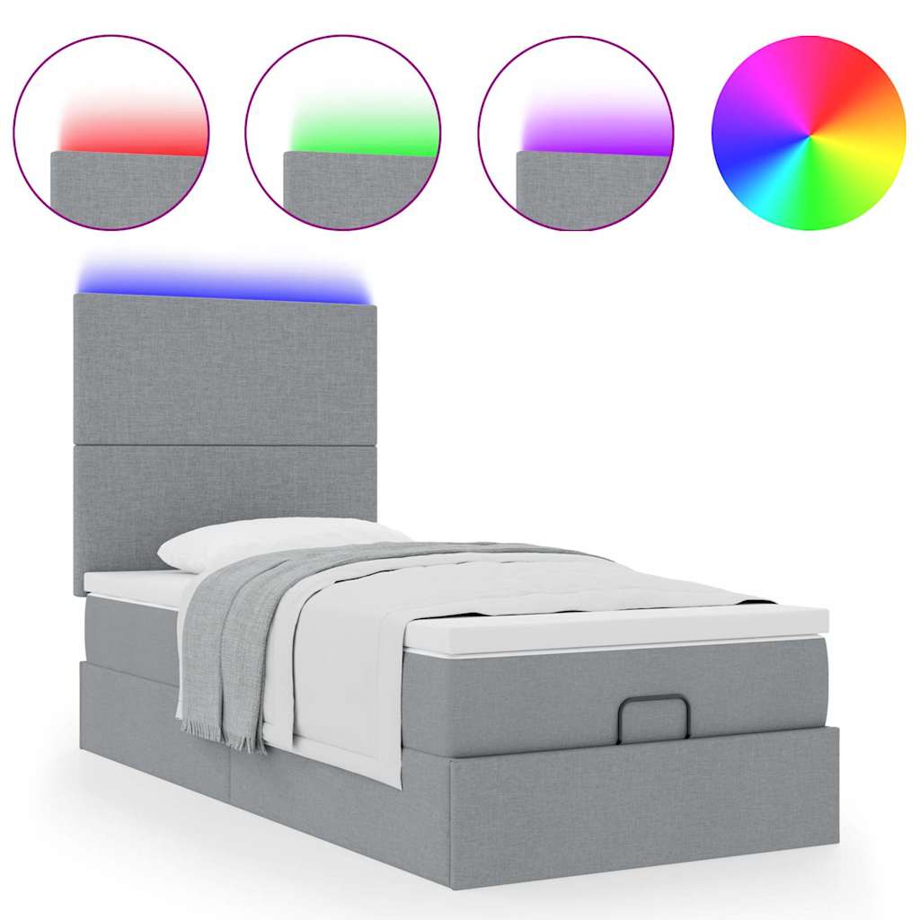 Ottomane Bett mit Matratze & LEDs Hellgrau 90x200 cm Stoff