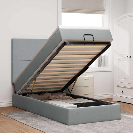 Ottomane Bett mit Matratze & LEDs Hellgrau 90x200 cm Stoff