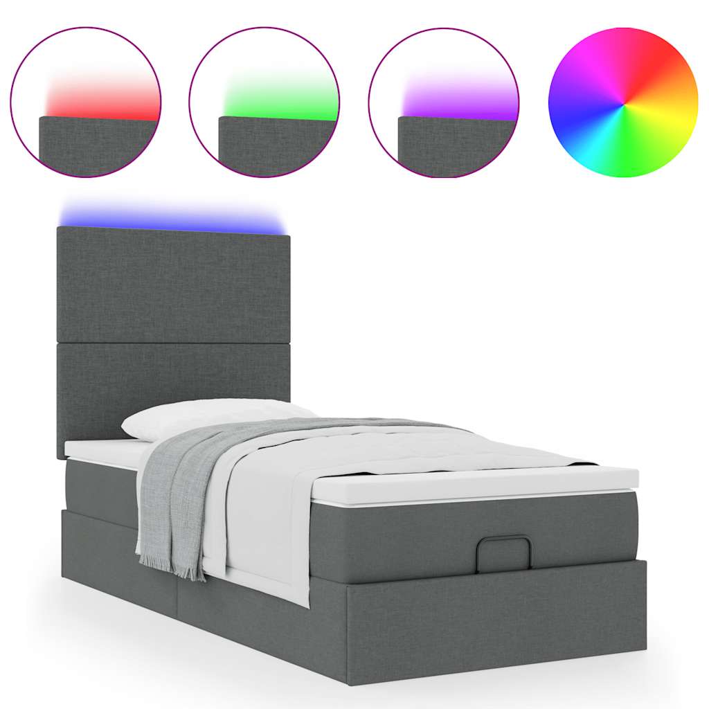 Ottomane Bett mit Matratze & LEDs Dunkelgrau 90x200 cm Stoff