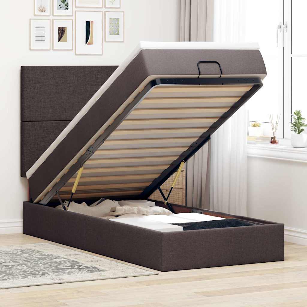 Ottomane Bett mit Matratze & LEDs Dunkelbraun 90x200 cm Stoff