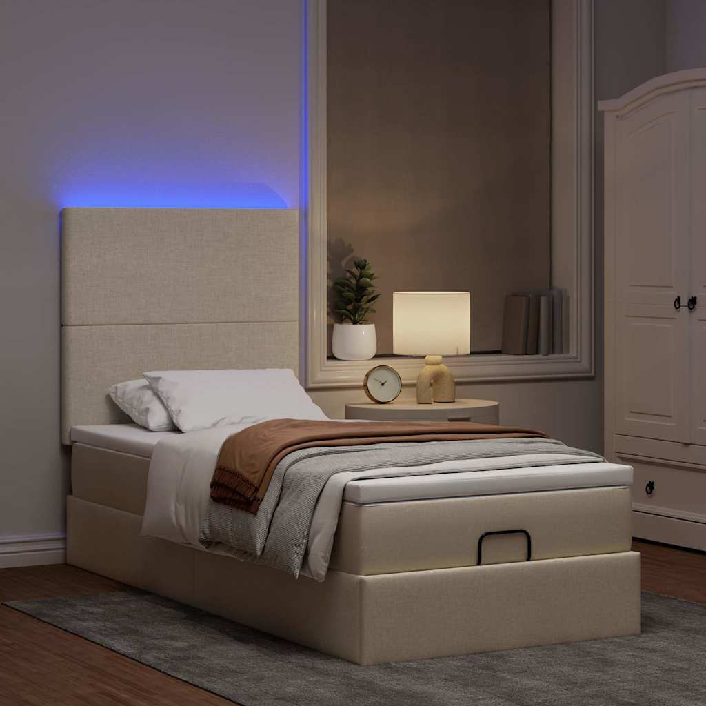 Ottomane Bett mit Matratze & LEDs Creme 90x200 cm Stoff