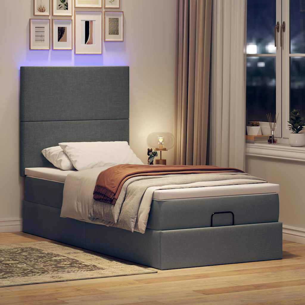 Lit ottoman avec matelas et LED tissu gris foncé 100x200 cm