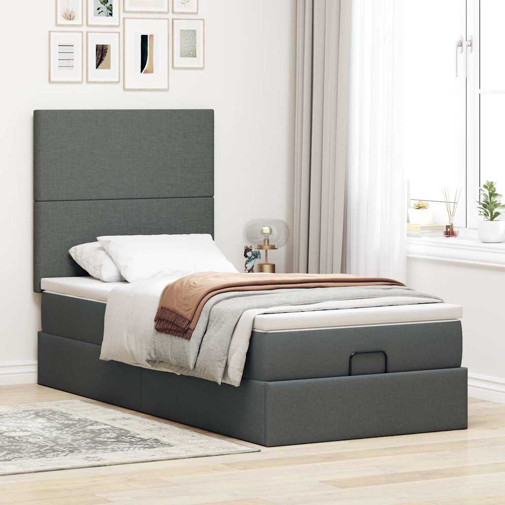 Lit ottoman avec matelas et LED tissu gris foncé 100x200 cm