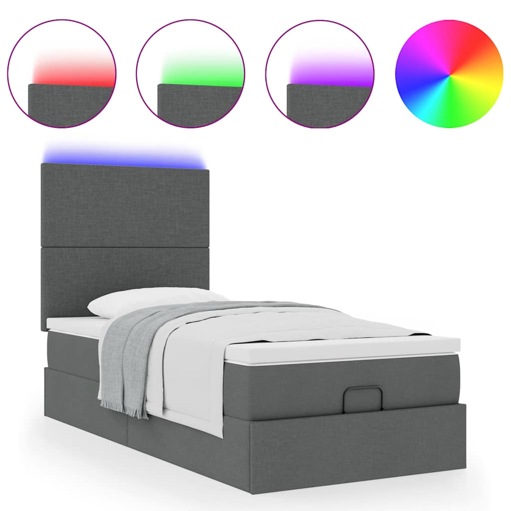Lit ottoman avec matelas et LED tissu gris foncé 100x200 cm