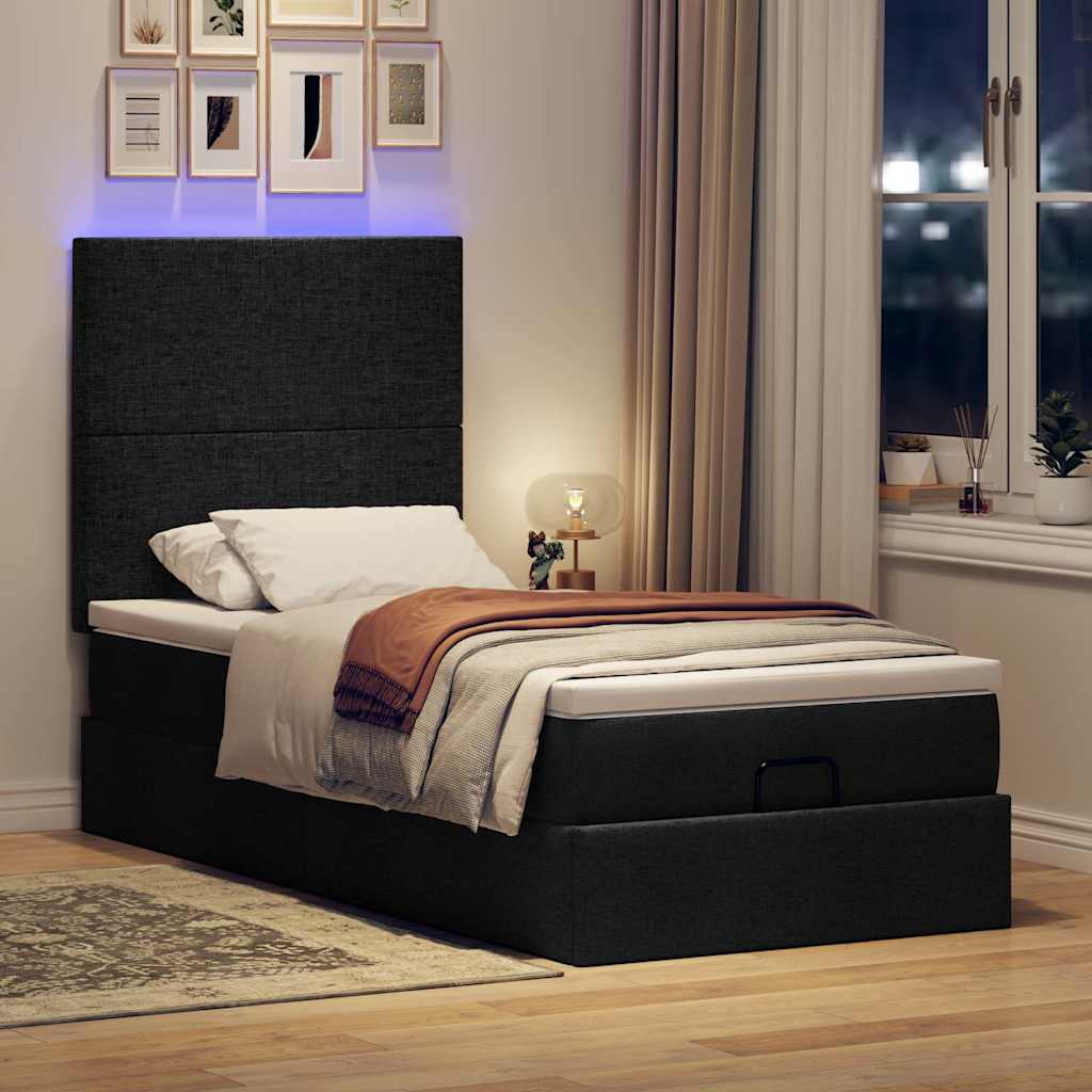 Ottoman-Bett mit Matratze & LEDs Schwarz 100x200 cm Stoff