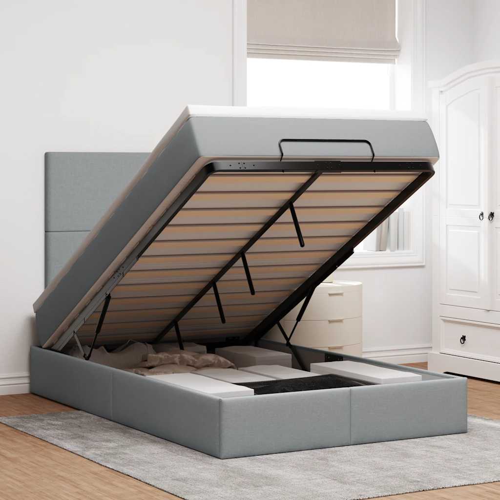 Ottoman-Bett mit Matratze & LEDs Hellgrau 120x190 cm Stoff