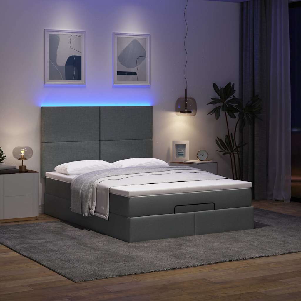 Ottoman-Bett mit Matratze & LEDs Dunkelgrau 140x190 cm Stoff