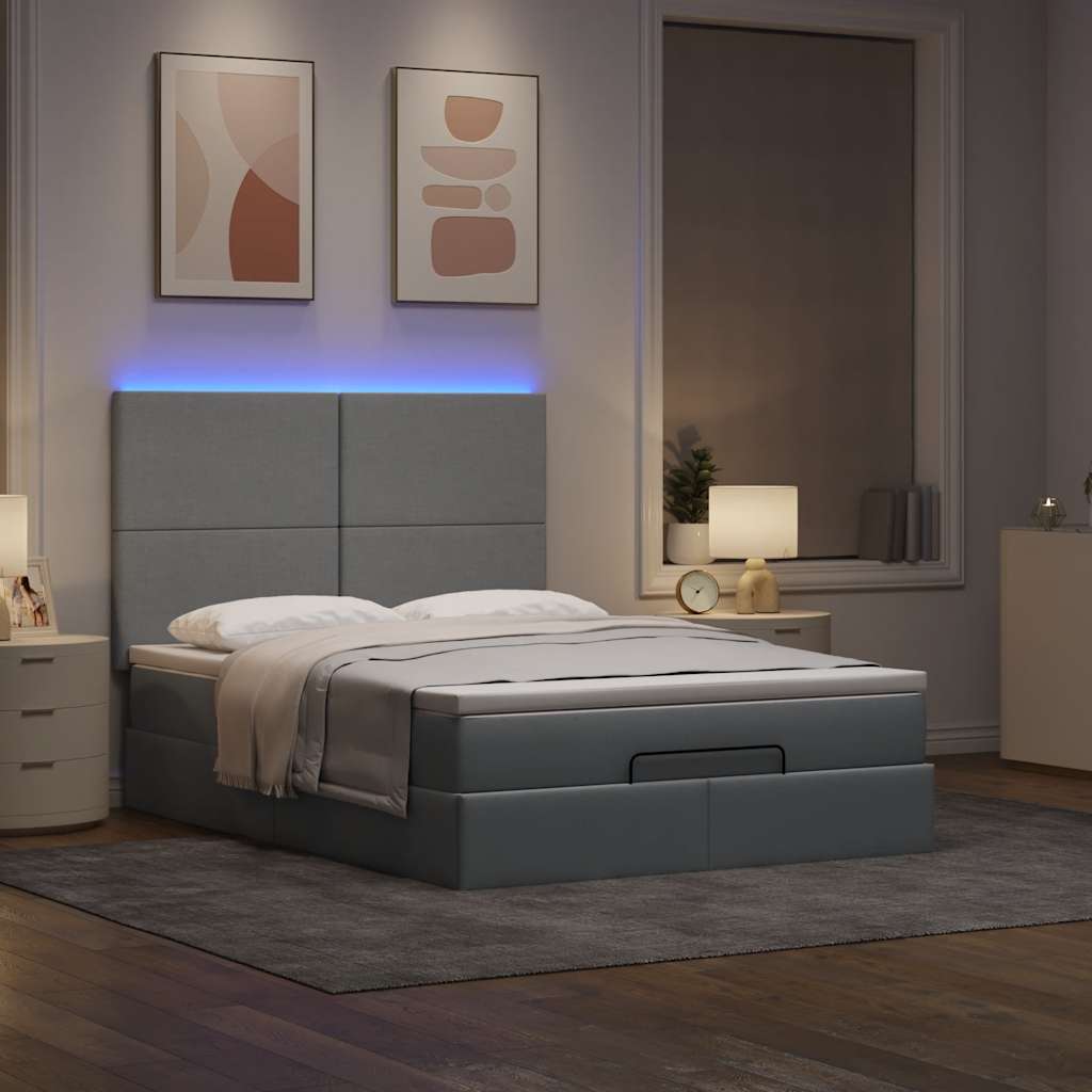 Ottoman-Bett mit Matratze & LEDs Hellgrau 140x200 cm Stoff