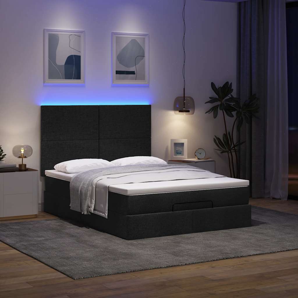 Ottoman-Bett mit Matratze & LEDs Schwarz 140x200 cm Stoff