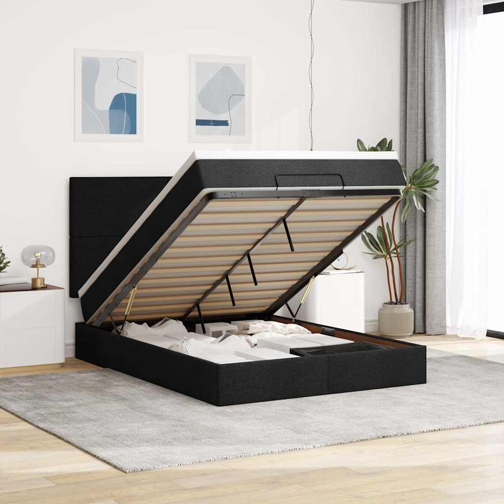 Ottoman-Bett mit Matratze & LEDs Schwarz 140x200 cm Stoff