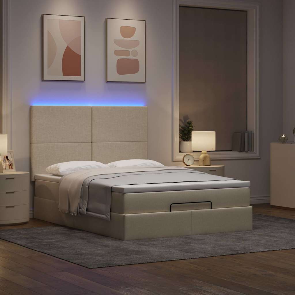 Lit ottoman avec matelas et LED tissu crème 140x200 cm