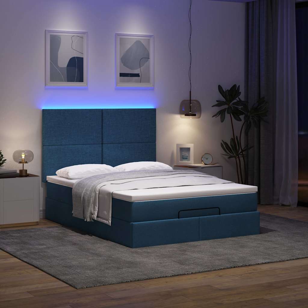 Ottoman-Bett mit Matratze & LEDs Blau 140x200 cm Stoff