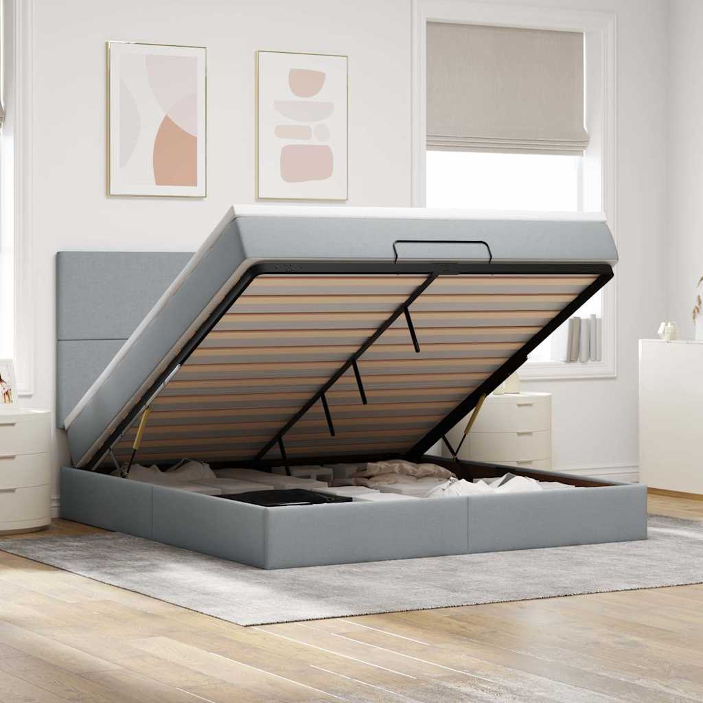 Ottoman-Bett mit Matratze & LEDs Hellgrau 160x200 cm Stoff