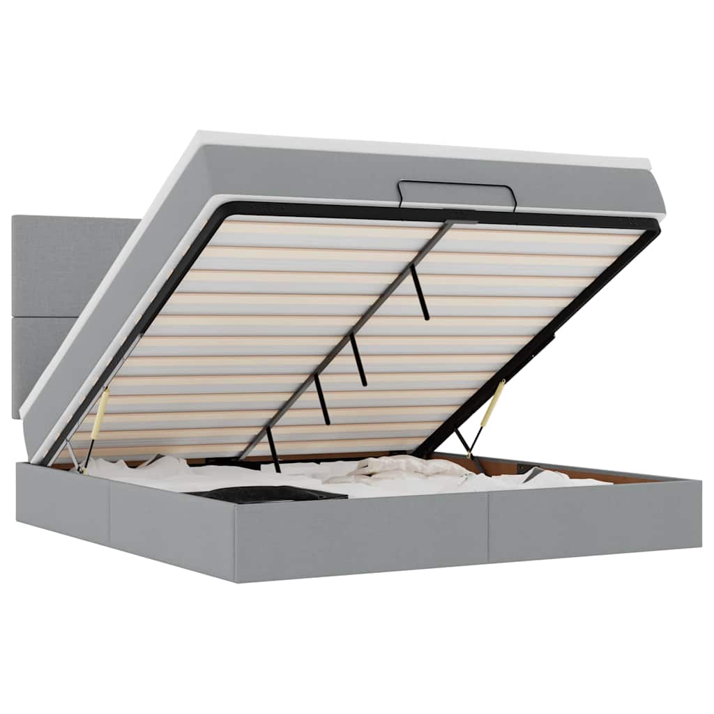 Lit ottoman avec matelas et LED tissu gris clair 180x200 cm