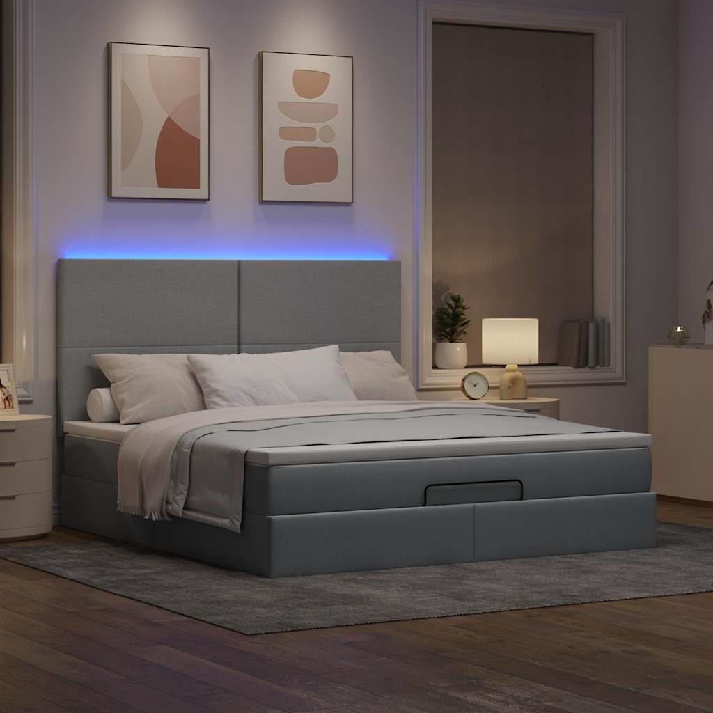 Lit ottoman avec matelas et LED tissu gris clair 180x200 cm