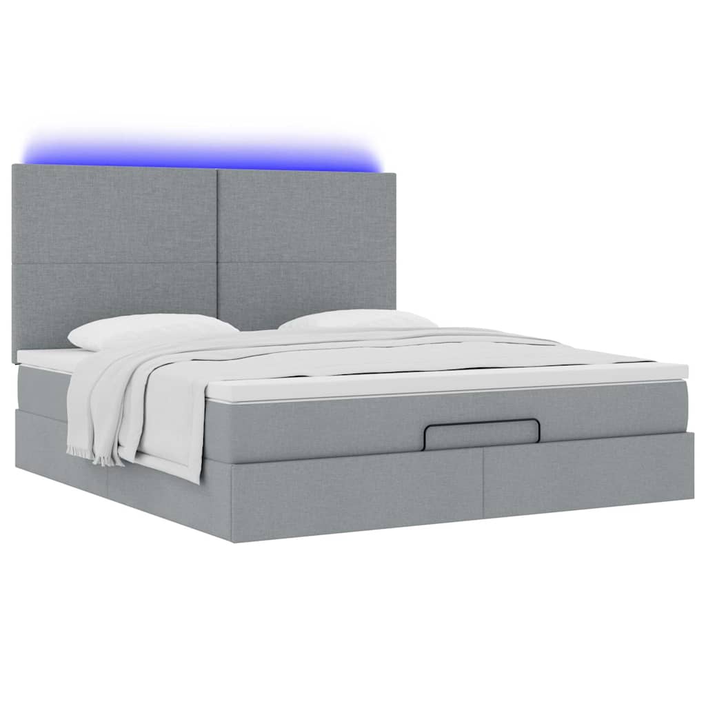 Lit ottoman avec matelas et LED tissu gris clair 180x200 cm